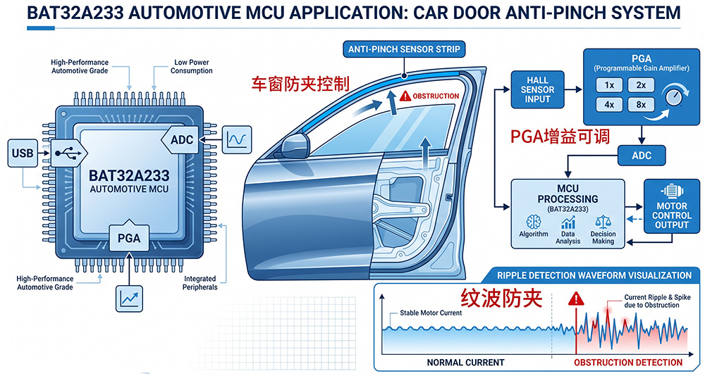 BAT32A233车规MCU主视觉：QFN24 3x3mm封装、LIN波形、车窗电机