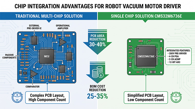 CMS32M6736E单芯片方案 vs 传统多芯片方案对比 PCB面积减少30-40% BOM成本降低25-35%