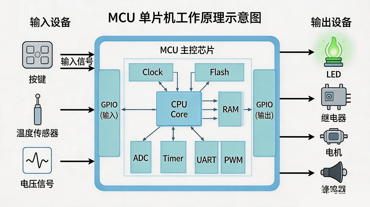 中微单片机工作原理示意图：内核、时钟、存储器、GPIO