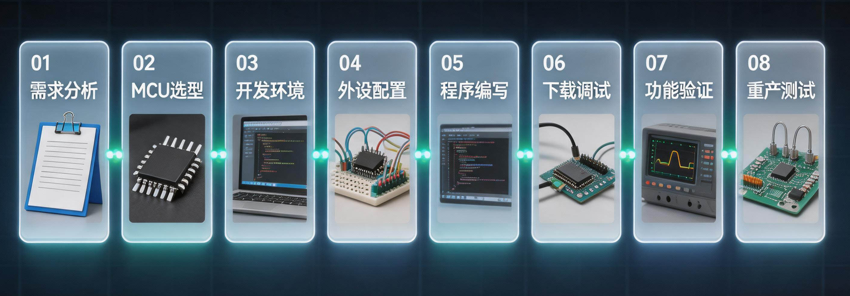 中微单片机开发流程图：需求分析、选型、环境搭建、代码编写、调试、测试