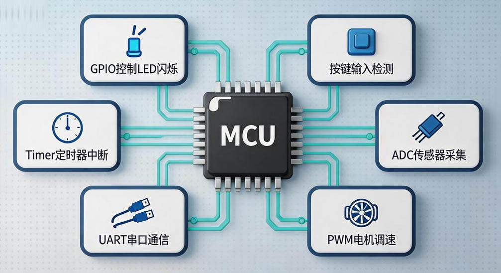 中微单片机GPIO、ADC、UART、PWM例程示意图