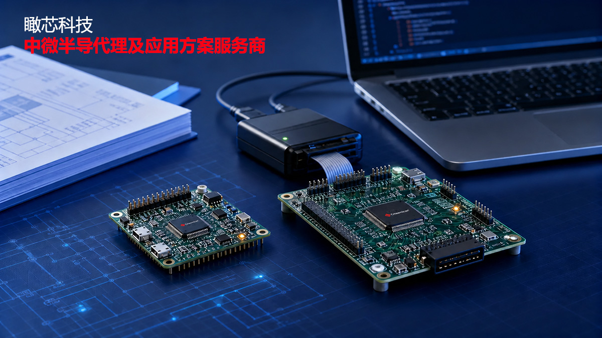 带中微半导Cmsemicon芯片标识的BAT32A253与BAT32A255开发板、调试工具及SDK开发支持示意图